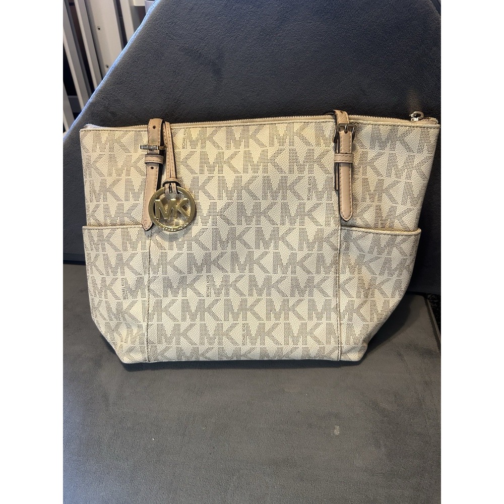 Michael Kors MK Signature Logo Large Beige Zip Tote Shoulder Bag Gold Tone